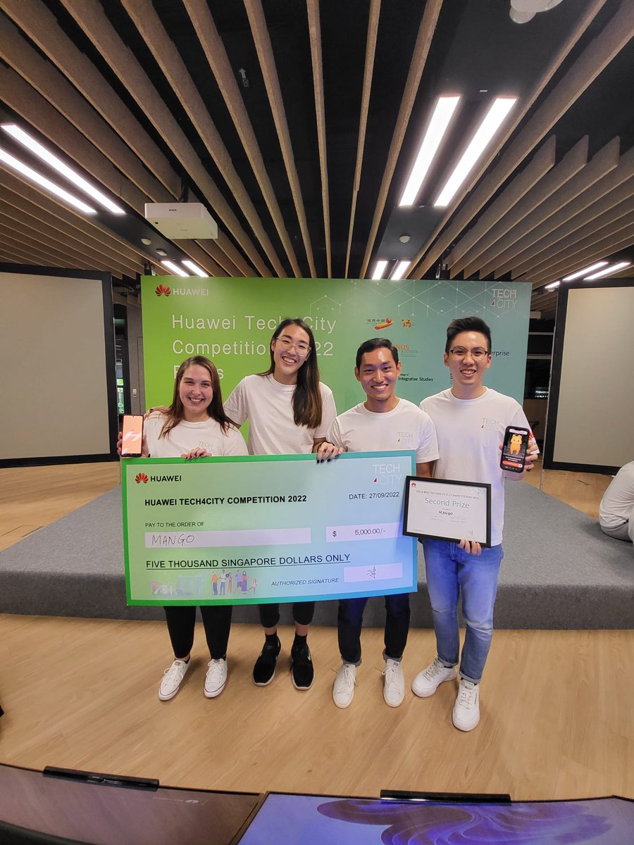 First runner ups at the inaugural <a href="/Huawei/">Huawei</a> #Tech4City competition. Our next steps involve talking to more seniors and securing funding to bring MANGO to an integrated transit hub near you

@vvienlee_  @AlexandriaRemus  SW and SP