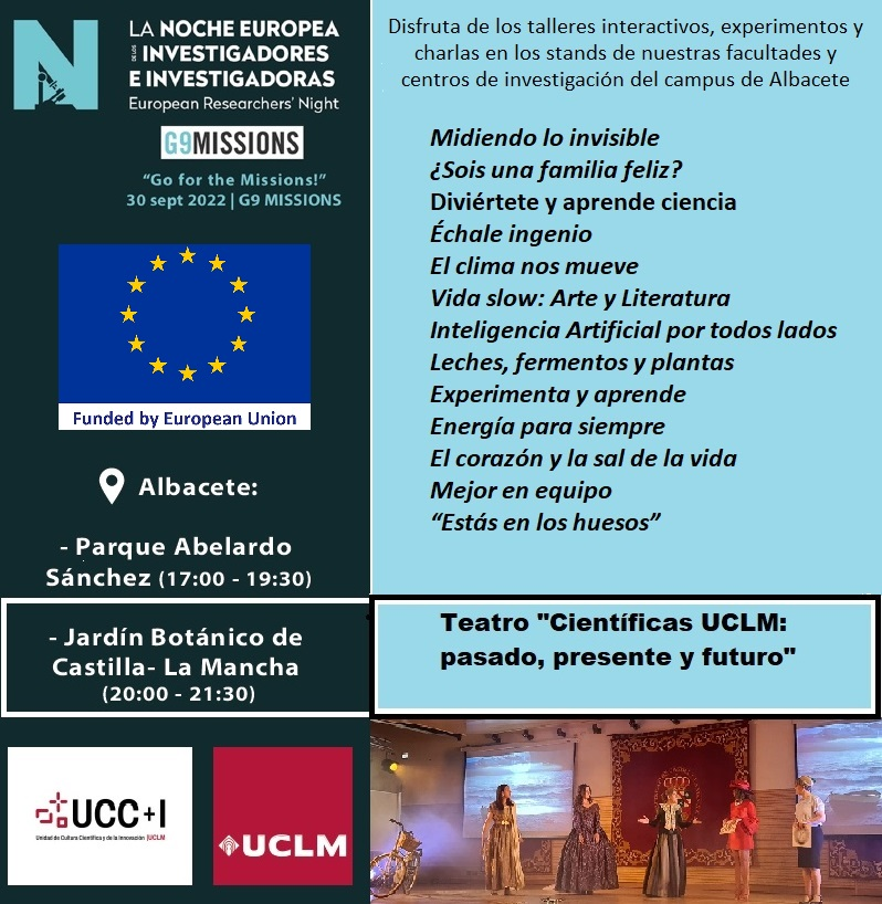 Mañana viernes, en Albacete, a partir de las 17h tendrá lugar la #NocheInvestigadores #EuropeanResearchersNight #NightSTeam #G9Missions <a href="/Night_S_Team/">Night_S_Team</a> <a href="/uclm_es/">Universidad de Castilla-La Mancha</a> en el Parque Abelardo Sánchez y en el <a href="/jardbotanicoclm/">Jardín Botánico de Castilla-La Mancha (JBCLM)</a>. 

¡Te esperamos!