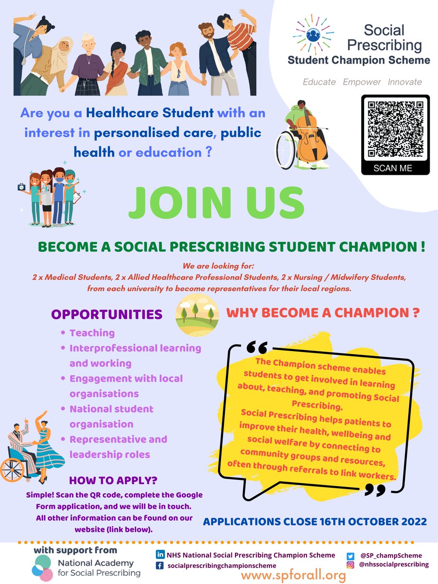 📢 ANNOUNCEMENT‼️

Our Student Champion Scheme Applications are now OPEN!! 

Keep an eye on our social media to find out what it means to be a student champion!

Are you interested? Application details are below. 

#socialprescribing #studentchampion