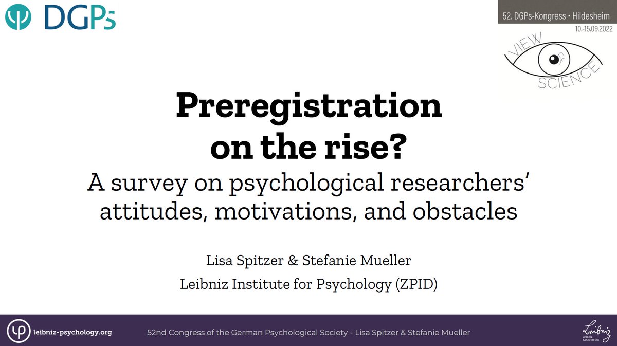 lspitzer95's tweet photo. "Preregistration on the rise? A survey on psychological researchers' attitudes, motivations, and obstacles"

The slides from my #dgpskongress talk, where I presented Stefanie Mueller's and my survey on preregistration, are now online: https://t.co/GvN3CY8Rym 

@ZPID #OpenScience https://t.co/CTEDpl3bWx