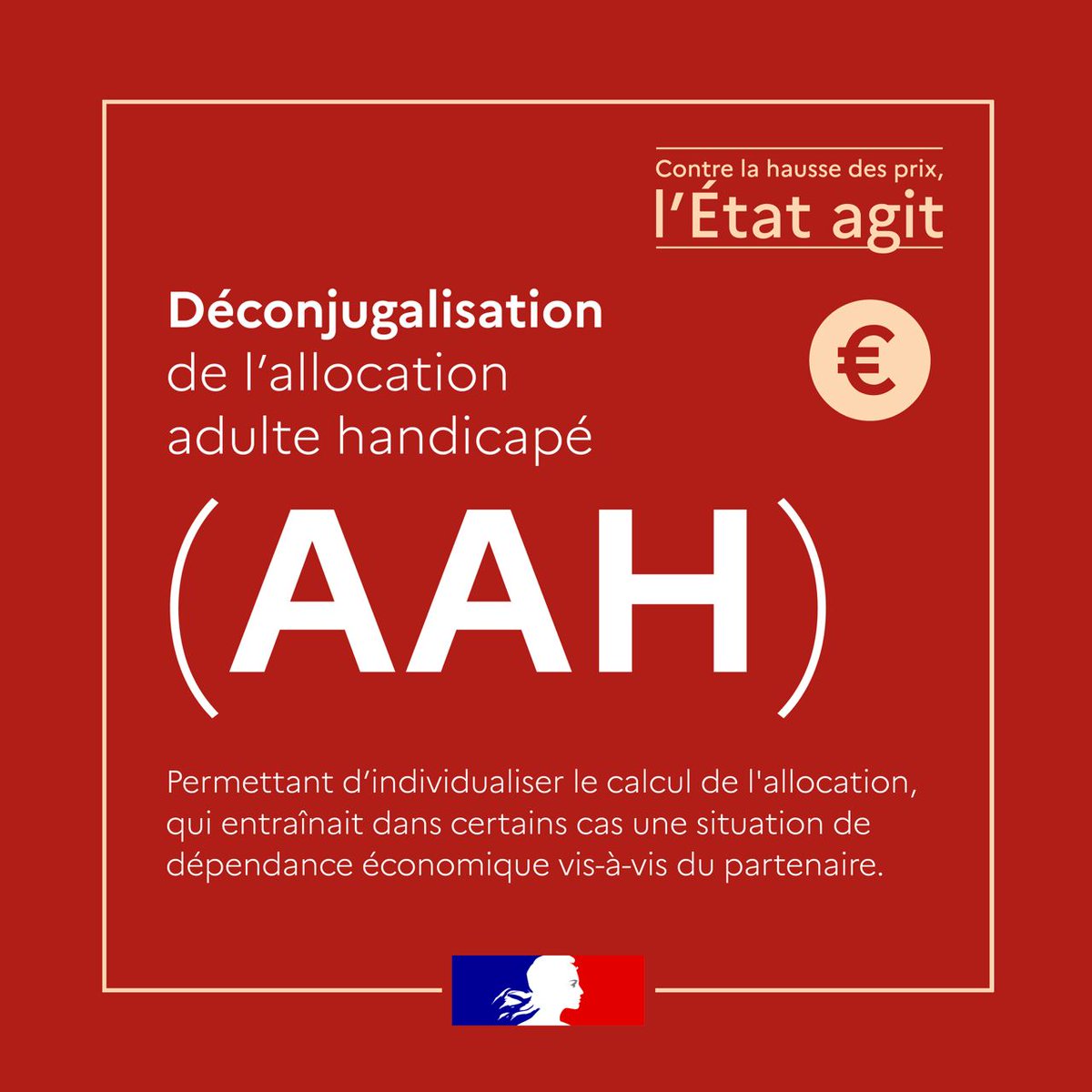 #PouvoirDachat | Contre la hausse des prix, l'État agit 👉 Les revenus du conjoint ne seront plus comptabilisés dans le calcul de l'allocation aux adultes handicapés (AAH) ➡️ gouvernement.fr/les-priorites/…