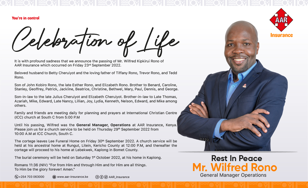 AAR_Insurance's tweet photo. Join AAR Insurance staff at International Christian Center Nairobi for a farewell church service of the late Mr. Wilfred Rono.
@icc_nairobi
#Standingasone #celebratinglife #sharingmemories https://t.co/urLmXonMgL