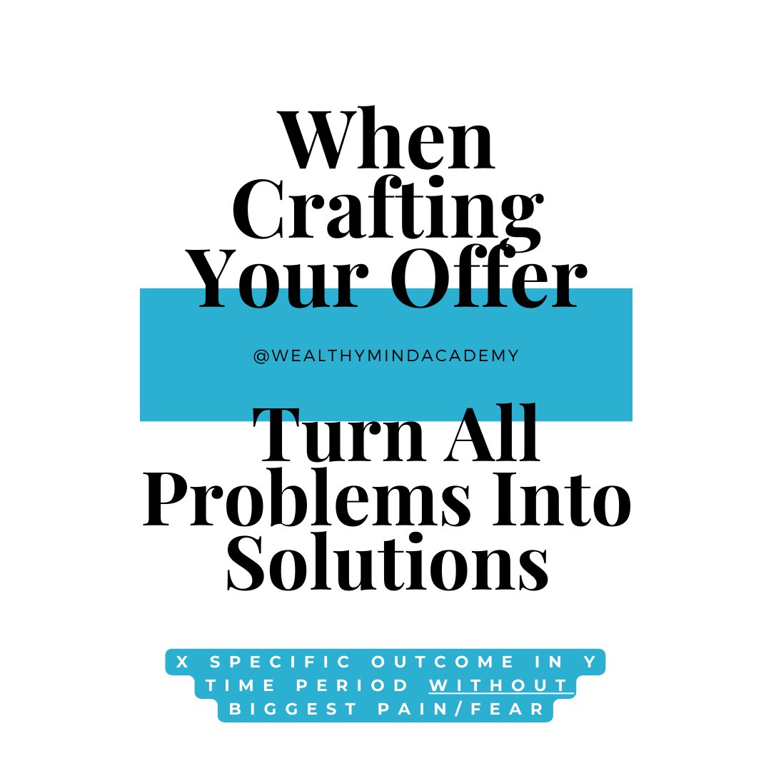An easy formula when crafting your offers is to turn all of your prospect's problems into the solutions you solve!

"X (specific outcome) in Y (time period) WITHOUT biggest PAINT/FEAR"
#valueoffers #offerings #coaching #consulting #thoughtleadership #onlineexperts #coursecreators