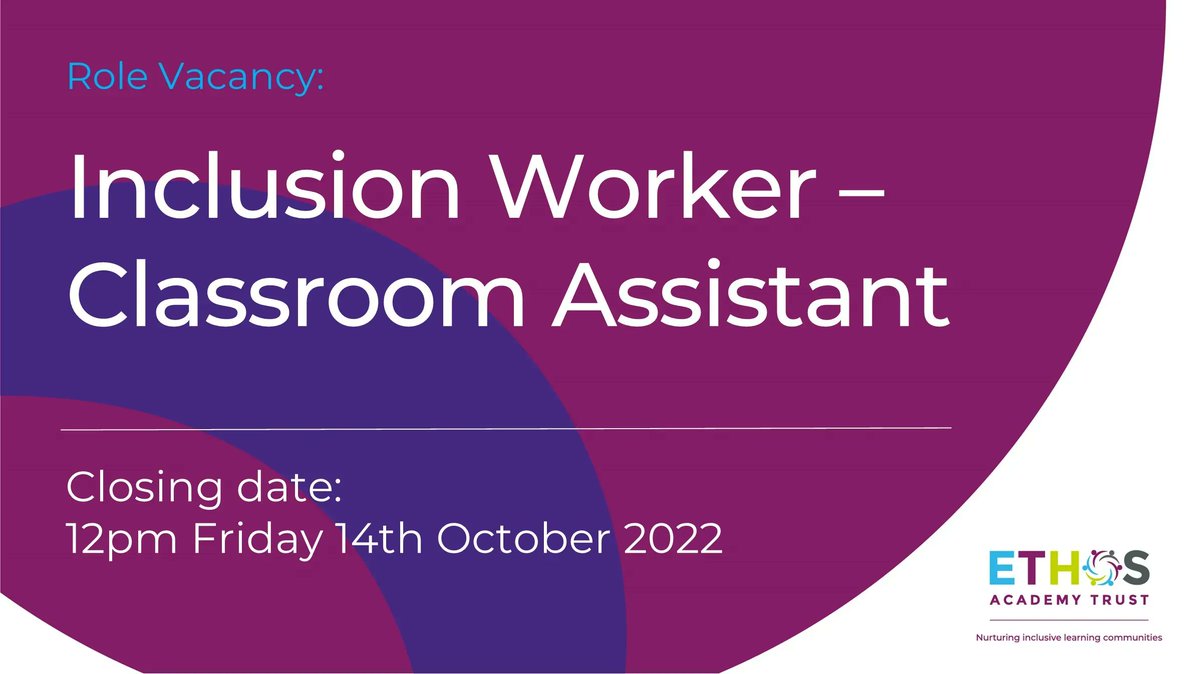 EthosAcadTrust's tweet photo. We're hiring!

We're searching for an inspirational classroom assistant to join us at Reach academy!

🔗 https://t.co/lQgRXPx8o7 

📆 Application deadline: 12pm Friday 14th October 2022 https://t.co/4mS2dqCXwF