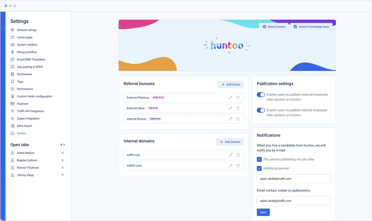 Let’s be honest - referral program is a must! Why huntoo should be your first choice?
1. It’s integrated with TRAFFIT - you don’t need any additional procedures! Improve your #candidateexperience! 

Try huntoo: huntoo.io/lang-en/ 
#referrals #referralprogram #huntoo