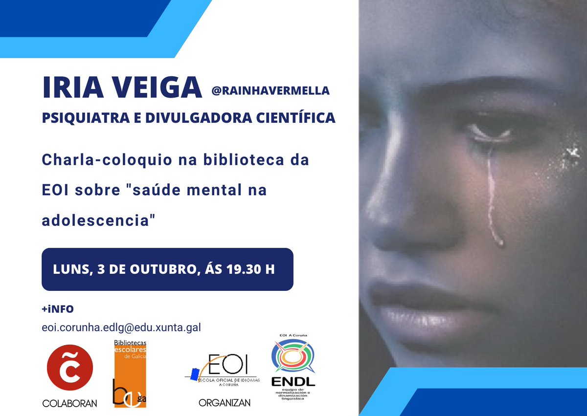 O vindeiro luns, ás 19.30 h, tes unha cita imprescindíbel na nosa biblioteca. Achégate para ver que nos vai contar <a href="/rainhavermella/">A Raíña Vermella</a> sobre a saúde mental na adolescencia.
<a href="/laopinioncoruna/">La Opinión A Coruña</a> <a href="/NosDiario/">Nós Diario</a> <a href="/bibliotecaeoic1/">bibliotecaeoicoruna</a>