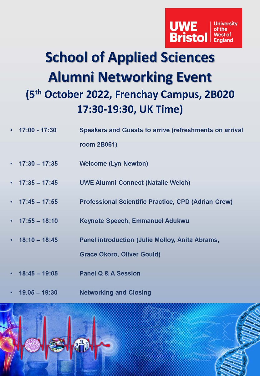 Don't forget it's the School of Applied Sciences (SoAS) alumni networking event this evening!

📅17:00 - 19:30 5th Oct 2022 

Open to all <a href="/UWEBristol/">UWE Bristol</a> students, staff, &amp; alumni.

#employability #sciencefutures #STEMcareers #Sciencejobs #graduatejobs

<a href="/UWEAlumni/">UWE Alumni</a> <a href="/UWE_SciFutures/">Employability Team | Dept. of Applied Sciences</a>