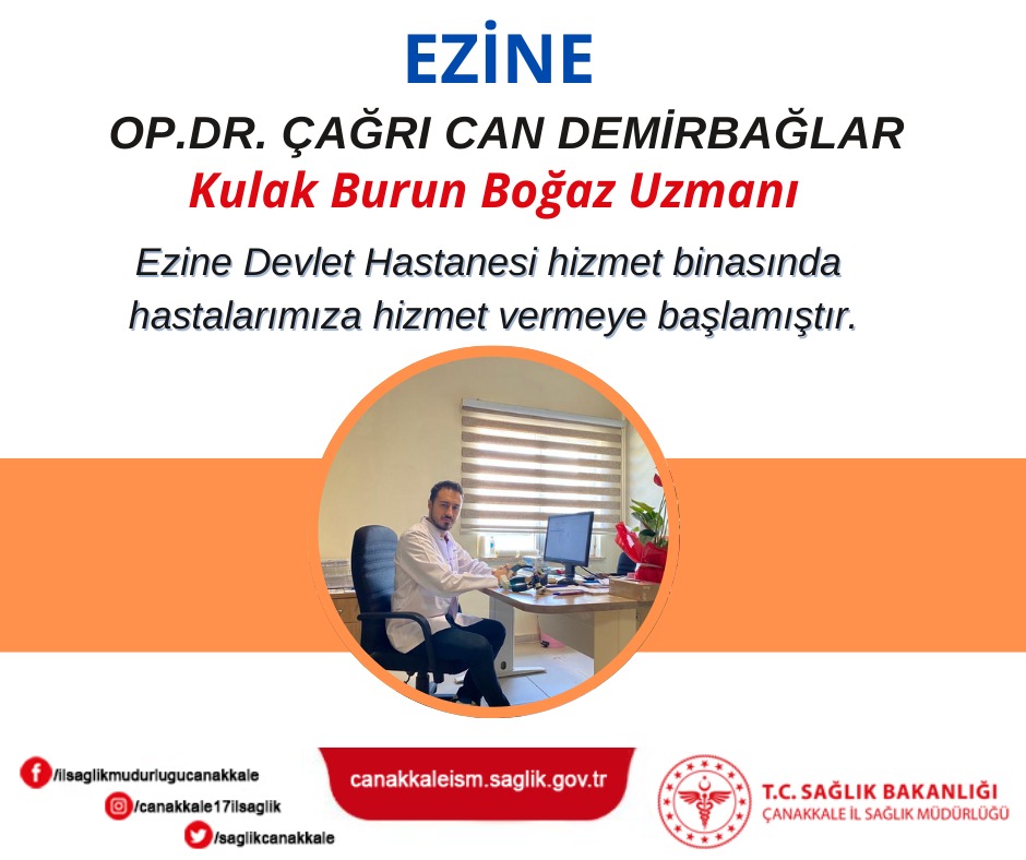 ezine_dh's tweet photo. 26.09.2022 tarihinde Ezine Devlet Hastanemizde Kulak Burun Boğaz Uzmanı Op.Dr. Çağrı Can DEMİRBAĞLAR göreve başlamıştır.
Kulak Burun Boğaz Uzmanı olarak hastanemizde göreve başlayan hekimimize, yeni görevinde başarılar dileriz. https://t.co/gR9IO6CTRo
