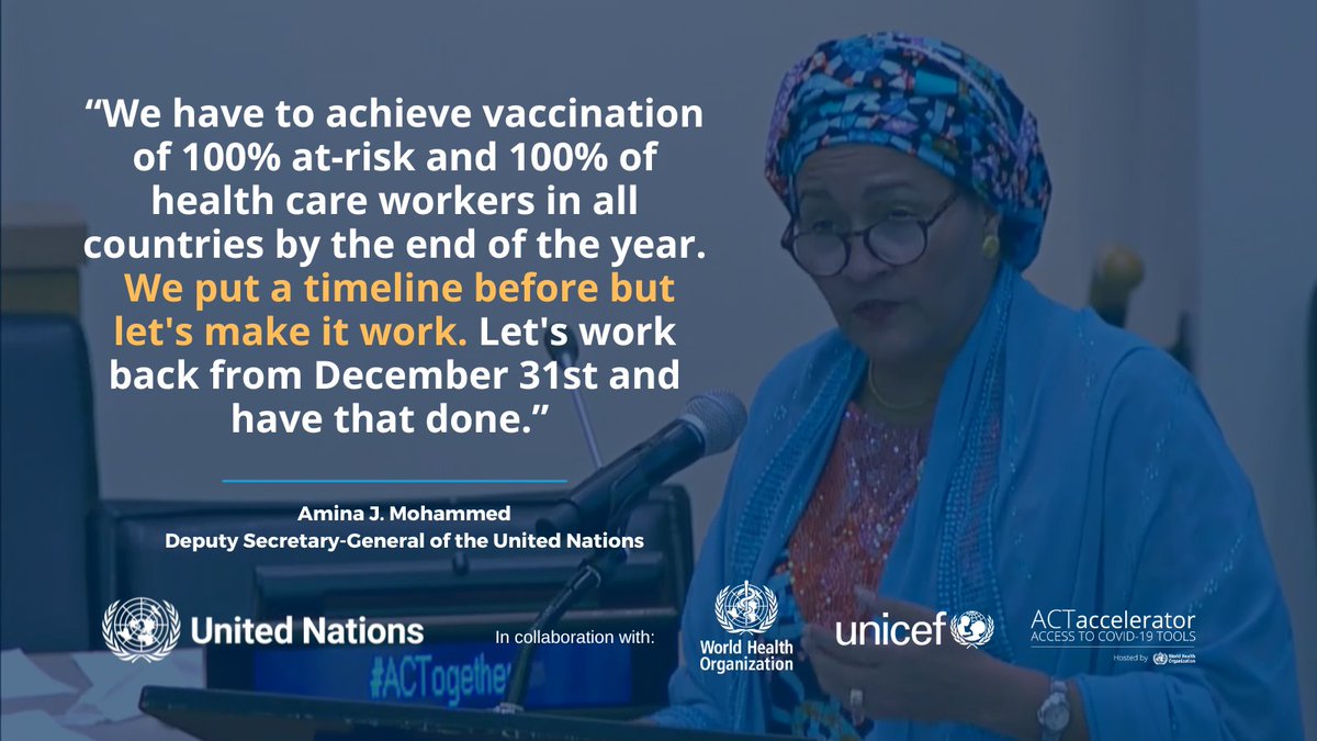 ACTAccelerator's tweet photo. 1/3 A strong call for action from @UN Deputy SG @AminaJMohammed: 

First, vaccinate the world. 🌍💉

Done through targeted immunisation campaigns &amp; continued support from ACT-A &amp; partners.  
#PushForEquity #ACTogether https://t.co/drNH38bgEI