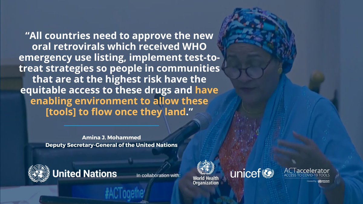 ACTAccelerator's tweet photo. 2/3 Building on immunisation campaigns, we must focus on test-to-treat strategies, says @UN Deputy SG @AminaJMohammed. 

We must not fall into the same trap of LMICs not having access to these lifesaving tools. 

#PushForEquity #ACTogether https://t.co/95Ig3dbgFD