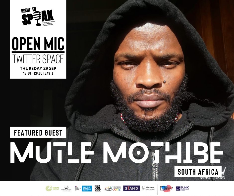 _RightToSpeak's tweet photo. Join us TONIGHT at 18:00pm on our Twitter Space for the Right To Speak Poetry Open Mic session hosted by the one and only  @Afurakan with our special guest performer, @mutle_mothibe . Join in, as we celebrate all things poetry! 

You dont want to miss this.
#RightToSpeak #Poetry https://t.co/9RFvcZWeYy