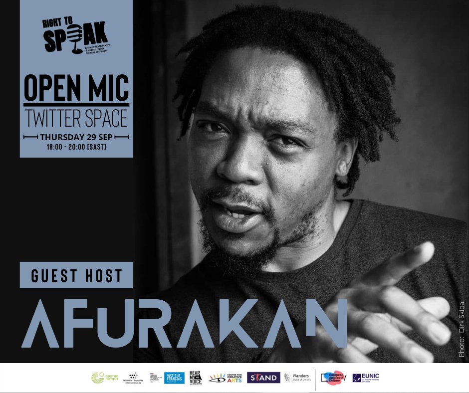 _RightToSpeak's tweet photo. Join us TONIGHT at 18:00pm on our Twitter Space for the Right To Speak Poetry Open Mic session hosted by the one and only  @Afurakan with our special guest performer, @mutle_mothibe . Join in, as we celebrate all things poetry! 

You dont want to miss this.
#RightToSpeak #Poetry https://t.co/9RFvcZWeYy