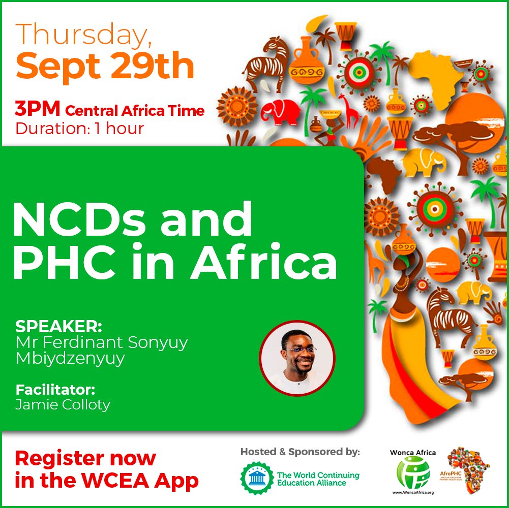 WorldCEAlliance's tweet photo. #TODAY

Register in the #WCEAapp and join the #webinar:
NCDs and PHC in Africa 
https://t.co/cdSH4qbX8v 

The webinar is hosted &amp; sponsored by @afrophc &amp; @wonca Africa https://t.co/9i5N8DSrg3