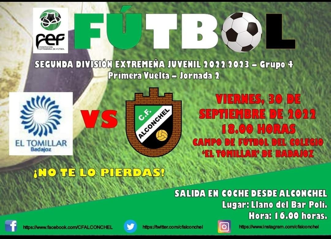 Mañana volvemos a la competición💪⚽, nuestro juvenil se desplaza a Badajoz para medirse a, AD El Tomillar, de donde esperamos traernos los 3 puntos.
💚VAMOS VERDES💚