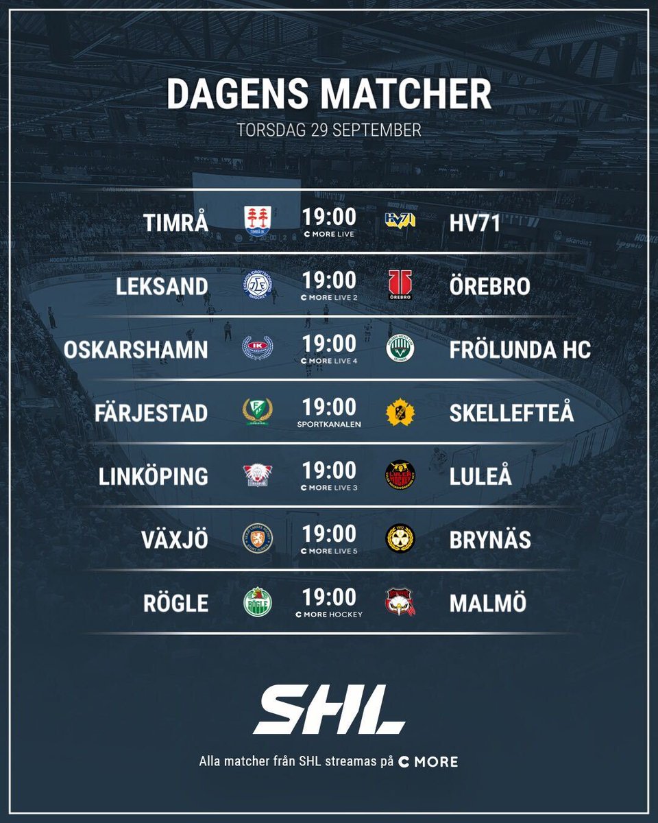 SHLse's tweet photo. Läs mer om dagens matcher på https://t.co/tiEXbwvbfa📲
Samtliga matcher kan du se hos @cmoresport📺
#SHL #twittpuck #ishockey #svsshl #TIKHV71 #LIFÖRE #IKOFHC #FBKSKE #LHCLHF #VLHBIF #RBKMIF https://t.co/A0lOvzypnA
