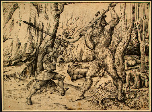 The 'Ginger Beast of Beckermet' and the 'Sale Fell Ape' refer to sightings of a large hairy humanoid figure. Perhaps a 'woodwose', a 'wildman of the woods' from folklore. #folklorethursday #cumbria art: The Fight in the Forest, by Hans Burgkmair