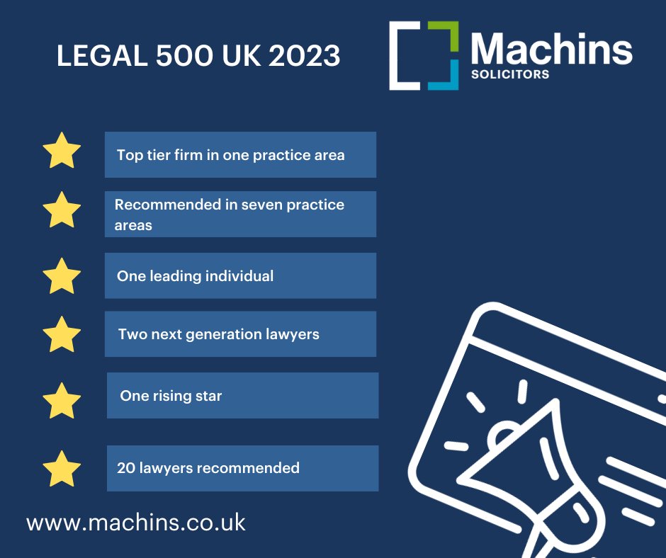 MachinsLaw's tweet photo. Delighted to see such fantastic praise for our teams in this year's #Legal500 2023.  Congratulations to all the lawyers who have been recommended. Check out our rankings and testimonials here https://t.co/NUah8fqlwW https://t.co/HT1MxlMNGn