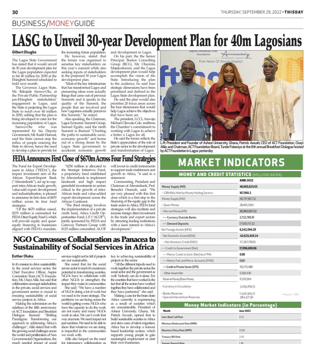 GLGcomms's tweet photo. In today’s ThisDay L-R: President &amp; Founder @Ashesi Ghana, @PatrickAwuahJr; CEO @ACTFoundation_, @OSAYIAO; and Chairman, ACT Foundation Board, Tunde Folawiyo at the 6th annual Breakfast Dialogue by ACT Foundation held in Victoria Island Lagos on Wednesday. #5YearsofACTion https://t.co/Ewhj87qFN0