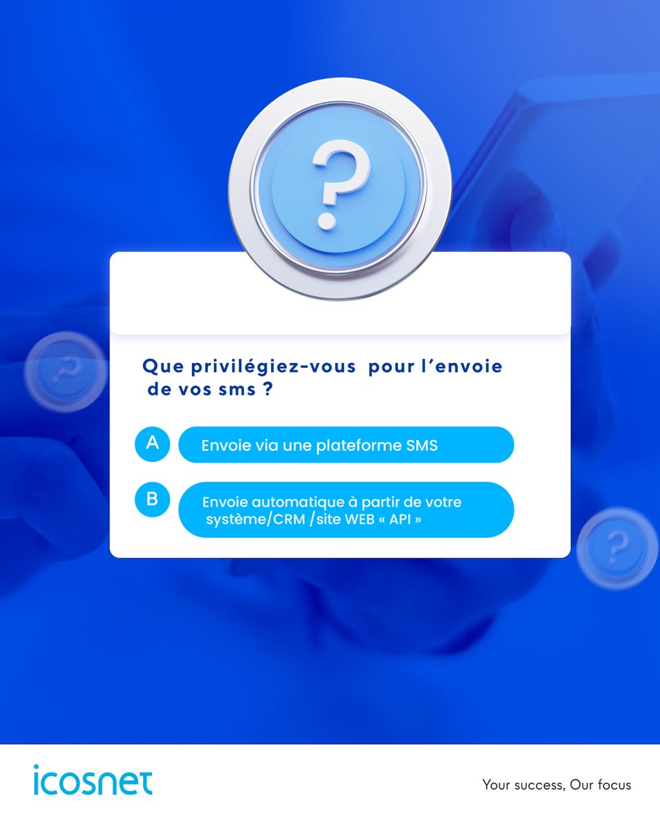 icosnet1's tweet photo. Le marketing par SMS est un des canaux de communication les plus puissants et les plus efficaces aujourd'hui✉️

Que privilégiez-vous pour l’envoie de vos sms ?
A 🌐Envoie via une plateforme SMS
B 🌐Envoie automatique à partir de votre système/CRM /site WEB « API »

#icosnet #sms https://t.co/H1cLaGhmXS