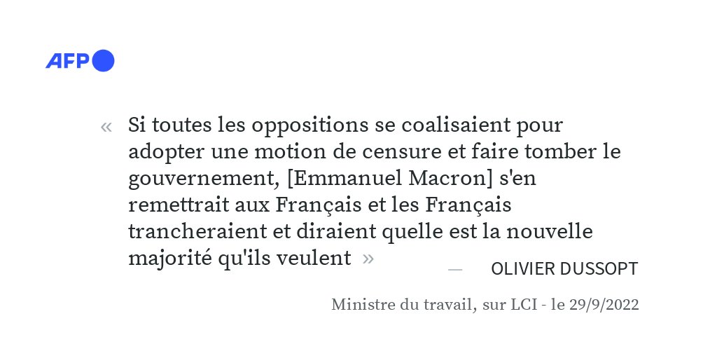 afpfr's tweet photo. #Retraites : Emmanuel Macron n'exclut pas de dissoudre l'Assemblée nationale en cas de vote d'une motion de censure contre le gouvernement, a rapporté le ministre du Travail Olivier Dussopt #AFP https://t.co/nkTx0Ol74h
