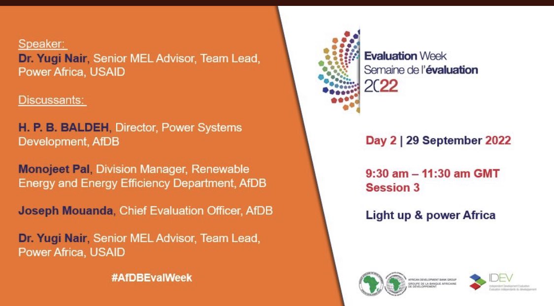 ❗ TODAY 29 Sep at  #AfDBEvalWeek  -  Light up &amp; power #Africa 

🕛 9:30 am– 11:30 am GMT
| Register here&lt;afdb.zoom.us/webinar/regist…
<a href="/evaluationafdb/">IDEV AfDB</a> <a href="/AfDB_Group/">African Development Bank Group</a> <a href="/KarenRotM/">Karen Rot-Munstermann</a> <a href="/joseph_mouanda/">Joseph Mouanda</a> 
<a href="/WorldBank_IEG/">IEG - WB Group</a> <a href="/the_IDB/">Inter-American Development Bank</a> <a href="/adbevaluation/">Evaluation at ADB</a> <a href="/USAIDLearning/">USAIDLearning💡</a>