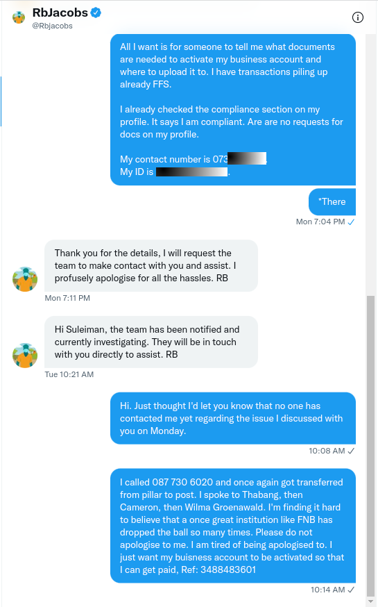 wasp83's tweet photo. @Rbjacobs took 8 hours to respond to my DMs on Monday. Maybe I'll get a quicker response if I blast them on my feed instead?

I've been banking with FNB for almost 20 years. Never have I received such pathetic service. Truly disappointing. 😢

#lostfaithinFNB https://t.co/LtAhJsxbRB