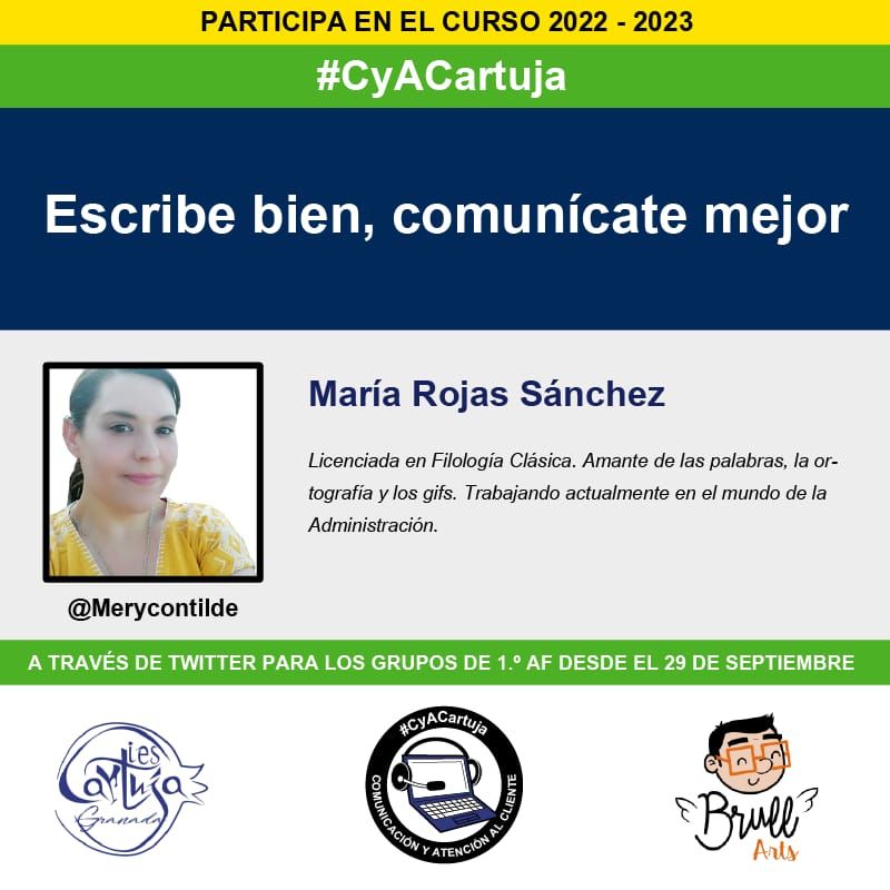 Buenos días 🌻
Hoy comienza la actividad de <a href="/Merycontilde/">María Rojas Sánchez</a> "Escribe bien, comunícate mejor" a través de Twitter

Deseando ver los vídeos de l@s alumn@s de <a href="/CyACartuja/">#CyACartuja | Comunicación y Atención al Cliente</a> 

#CyACartuja #Video