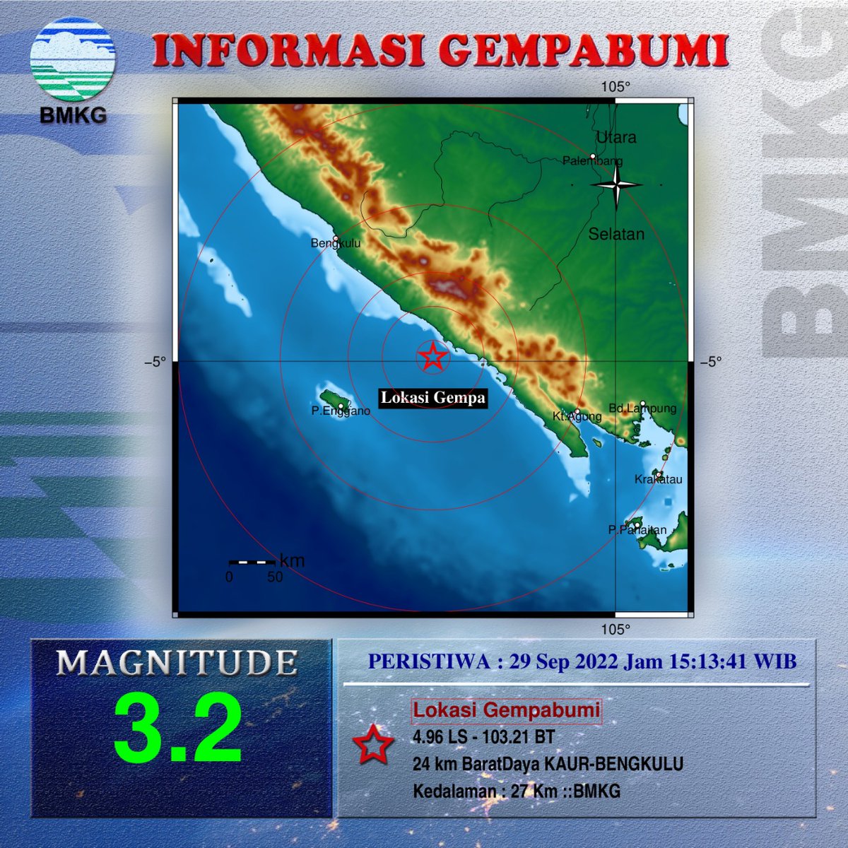 bmkgwilayah2's tweet photo. Info Gempa Mag:3.2, 29-Sep-22 15:13:41 WIB, Lok:4.96 LS - 103.21 BT (24 km BaratDaya KAUR-BENGKULU), Kedlmn: 27 Km ::BMKG https://t.co/09r3A5tsyA