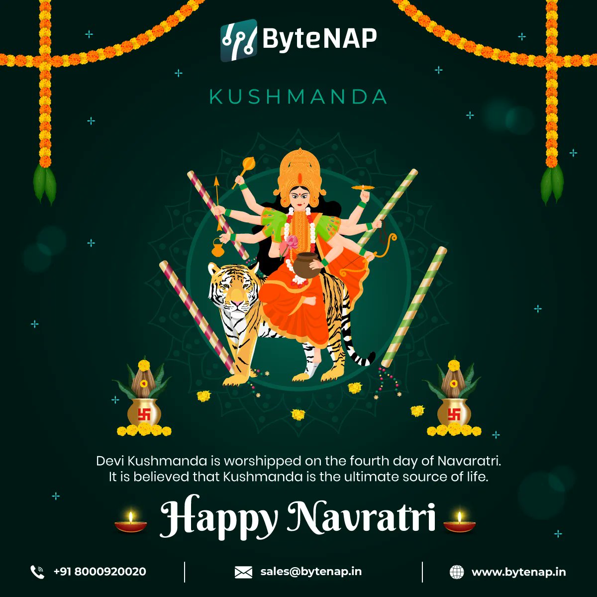 ByteNAP Wishes you the 4th day of Navratri. Let's worship Maa Kushmanda with different rituals and customs on this great occasion, and start hosting your website today!  

#navratri2022 #hosting #webhostingcompany #webhostingservices
#NavartraFestival2022 #ByteNAPNetworks #india