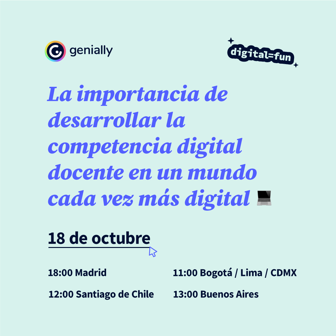 genially_es's tweet photo. 📣¡Nuevo #webinally! 
La importancia de desarrollar la Competencia Digital Docente en un mundo cada vez más digital
📅18 de octubre

¿Quieres asistir? Regístrate gratis aquí: https://t.co/GjPQhgtsVa 

#Genially #webinar #educación #innovación #vueltaalcole #claustrovirtual https://t.co/Kn4RnI2Gtq