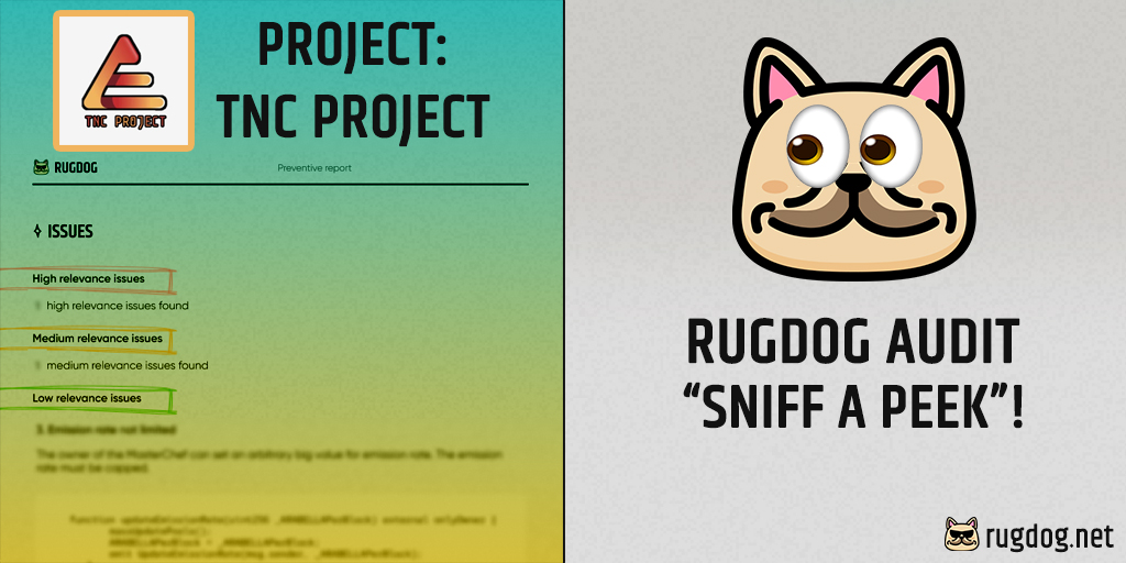 rugdognet's tweet photo. Woof woof! Your project's best friend, #RugDog, has sniffed out any and all vulnerabilities in your smart contracts, @TNC_Project!
Sneak Peek: https://t.co/lURHP3LOYB
To get your full audit report, contact us at https://t.co/pHAL53FzAl or the@rugdog.net and stay protected! https://t.co/eGzfppE59r