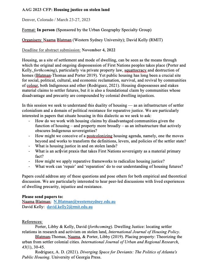 Hi friends, @davelkelly and I are organising a session at #AAG2023 in Denver. Sponsored by the UGSG (thanks @anne_bonds). Housing Justice on Stolen Land. See CfP below and please share widely!