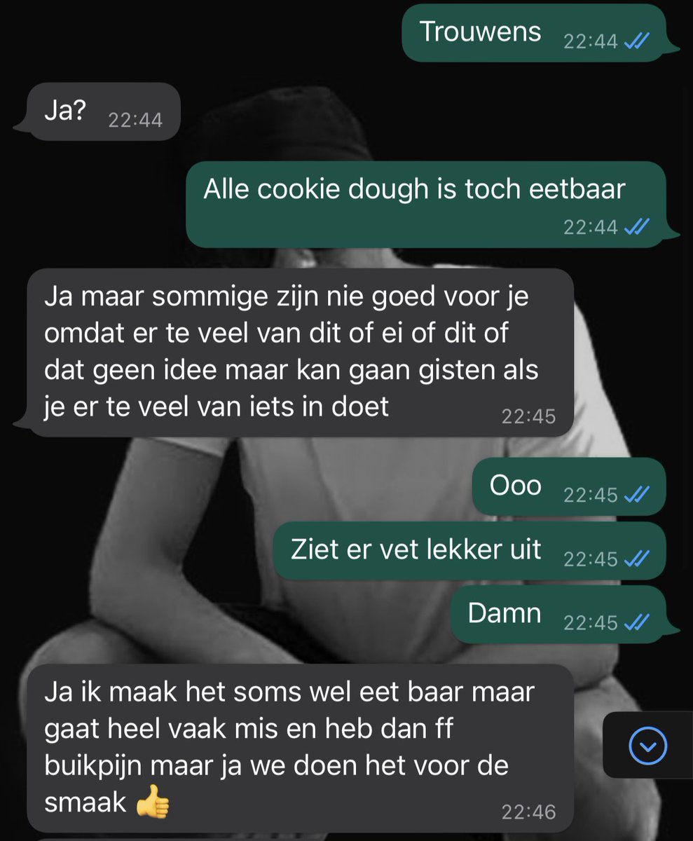 “maar gaat heel vaak mis en heb dan ff buikpijn maar ja we doen het voor de smaak 👍”