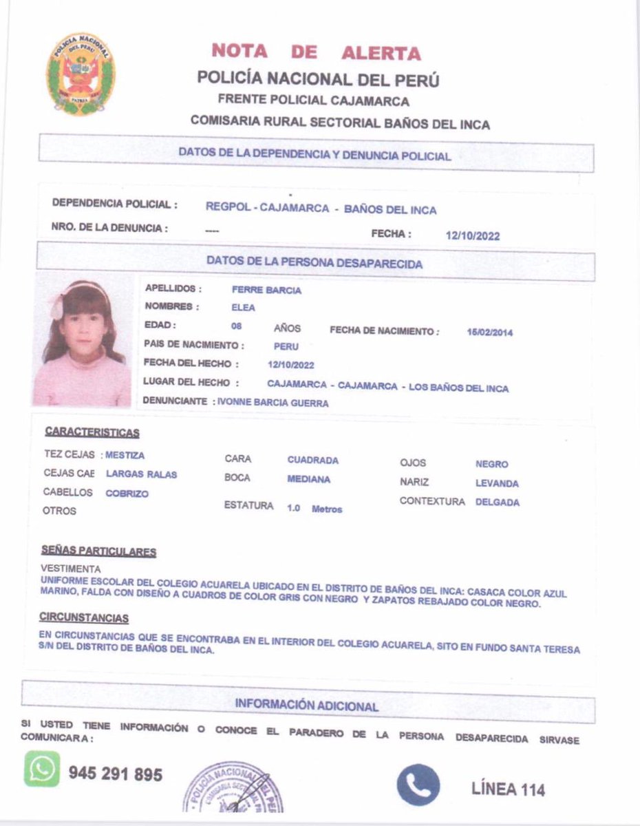 jurrunaga's tweet photo. Si tienen información, por favor comunicarse al 114 o al 945-291-895. Por favor ayuden a difundir. https://t.co/ZQmB0Zqq2v