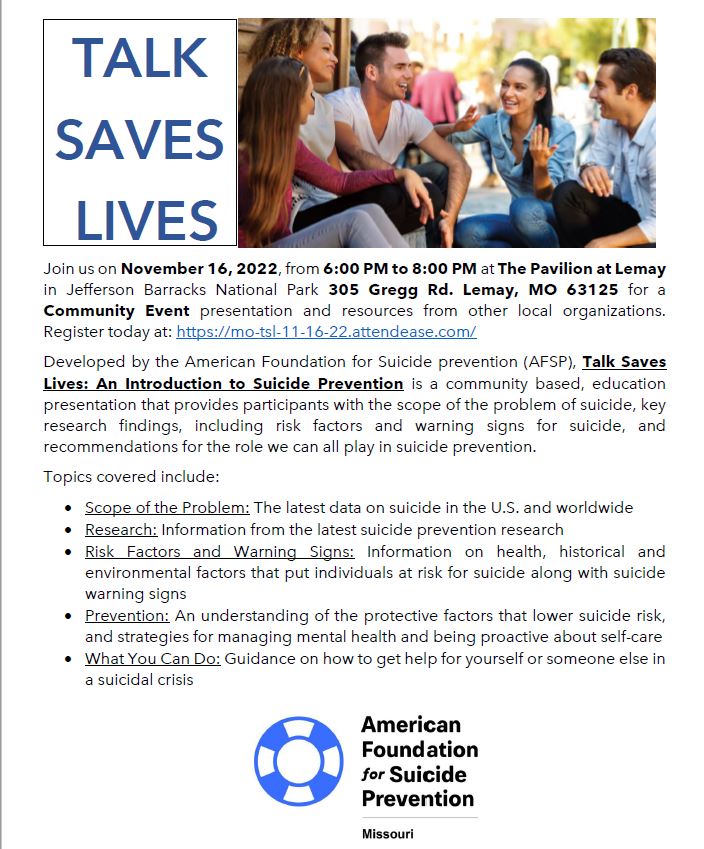 Join us on November 16, 2022, from 6:00-8:00 PM at The Pavilion at Lemay for a community event presentation from the American Foundation for Suicide Prevention and resources from other local organizations. Register today at: ow.ly/B0M450L9bGR