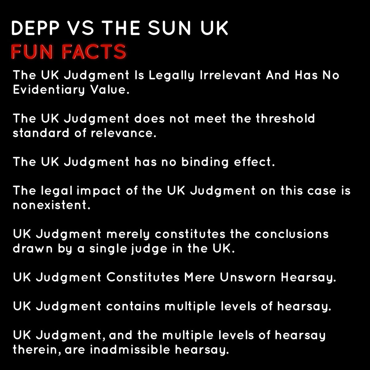 Karma_of_Belle's tweet photo. Fun Facts
Uk judgement has no legal impact, no competent testimony &amp; it wasn’t based on factual evidence.
Opinion of one judge, Nicol, who’s son worked for the Sun. Nicol also dined with Ms Heard before UK trial.
#AmberHeardIsALiar #DARVOHeard #AmberHeardIsAnAbuser https://t.co/psP0nZrqsW