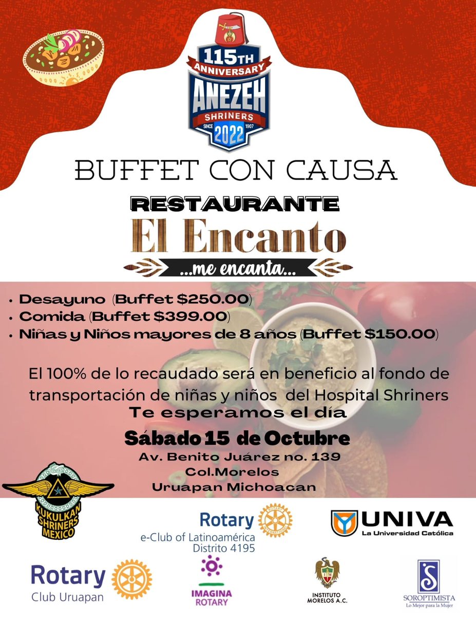 UNIVAUPN's tweet photo. 🤝💙🧡 Comunidad #UNIVA cordialmente invitados al #BuffetConCausa 
El 100% de lo recaudado será en beneficio al fondo de trasportación de niñas y niños del #HospitalShriners  
Kukulkan Shriners Mexico https://t.co/iYOXkoToEW