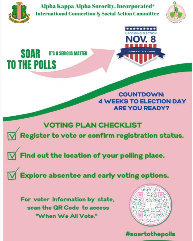 AKAPGHAAO's tweet photo. Alpha Kappa Alpha Sorority,
Incorporated® recognizes that every citizen of this nation has a voice to impact public policy decisions made on critical issues.

Let's SOAR to the polls and make our voice count!!

#AKA1908 #AKAGreatLakes #AKAPghAAO #SoarToThePolls #AKAsVote https://t.co/iGWWE8hHte