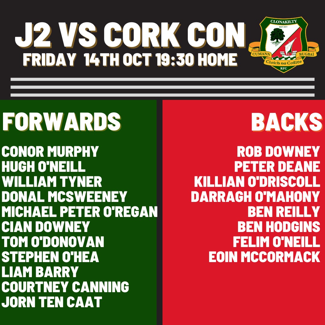 Our J2s take on Cork Con at home Friday night at 7:30pm. Get your weekend off to a great start and come on down to support them. Best of luck lads! @MJCRugby