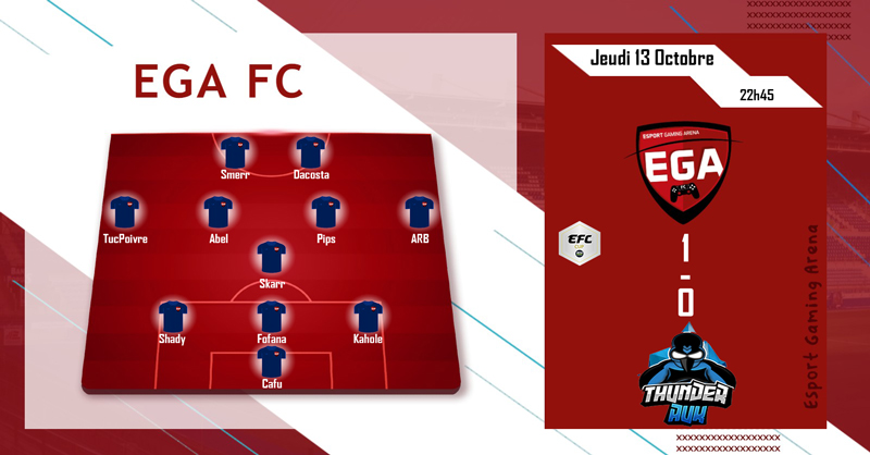 Rencontre compliquée contre <a href="/ThunderAuk/">ThunderAUK</a>  mais on arrache la victoire sur le fil ! Buteur <a href="/GoSan_29/">LeSmeeer</a> 
<a href="/Saban_eNonda/">Saban eNonda</a> <a href="/EGA_Strasbourg/">Esport Gaming Arena</a> <a href="/MrClubPro/">Mr Club Pro</a> <a href="/eSportFA_FR/">ESPORT FOR ASSOCIATIONS</a>