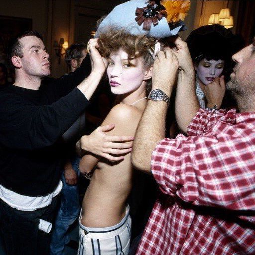 kate moss and nadja auermann backstage at vivienne westwood by harry benson fw, 1996
