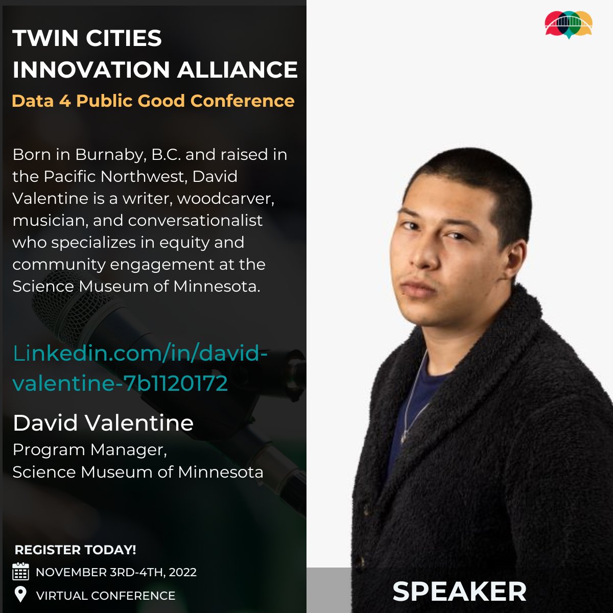 TCIAMN's tweet photo. Just Announced🔊! @TCIAMN 2022 #D4PG Conference Speaker ~ David Valentine!
David is with @sciencemuseummn!
Register Now: https://t.co/7J0Kdq4WBa
#PublicInterestTech #PublicInterestTechTCIA #D4PG https://t.co/U8nBSx8Rh6