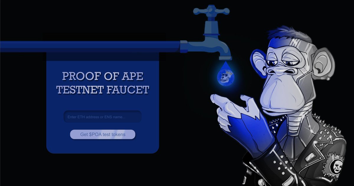 Here is our #POA Testnet Faucet sneak peak! We will post the link for the front end visual of the faucet tomorrow and the backend to mint tokens on our faucet sometime this weekend!

$APECOIN2.0 #apecoin #ETH #proofofapes #apecoin2.0 <a href="/iambroots/">MOON KING B-ROOTS</a> <a href="/cryptosmithcoco/">CoCo</a> <a href="/jamiekingston/">Jamie Kingston</a>