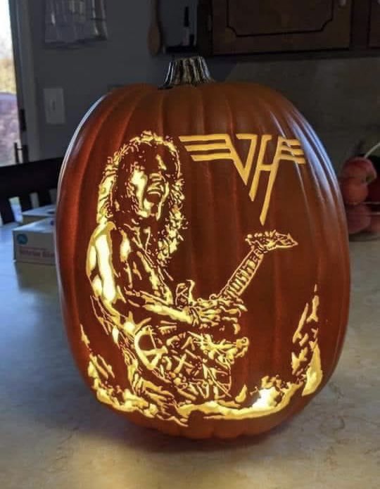 russell_todd17's tweet photo. Since Halloween is this month and Eddie Van Halen is trending, please enjoy this rockin’ EVH Jack-o'-lantern photo I swiped from Facebook. 🎃🤘🏼 https://t.co/wDCxPWyJUf