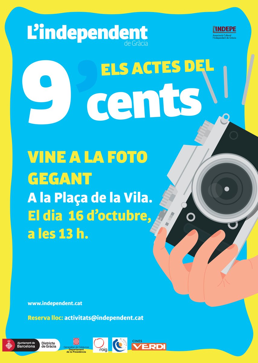 indepe_gracia's tweet photo. Aquest diumenge 16 t'esperem a la foto gegant per celebrar el 9'cents. No hi faltis! Tots els actes a https://t.co/q2uJRCbqzM #viladegràcia https://t.co/TcSmJimQfV