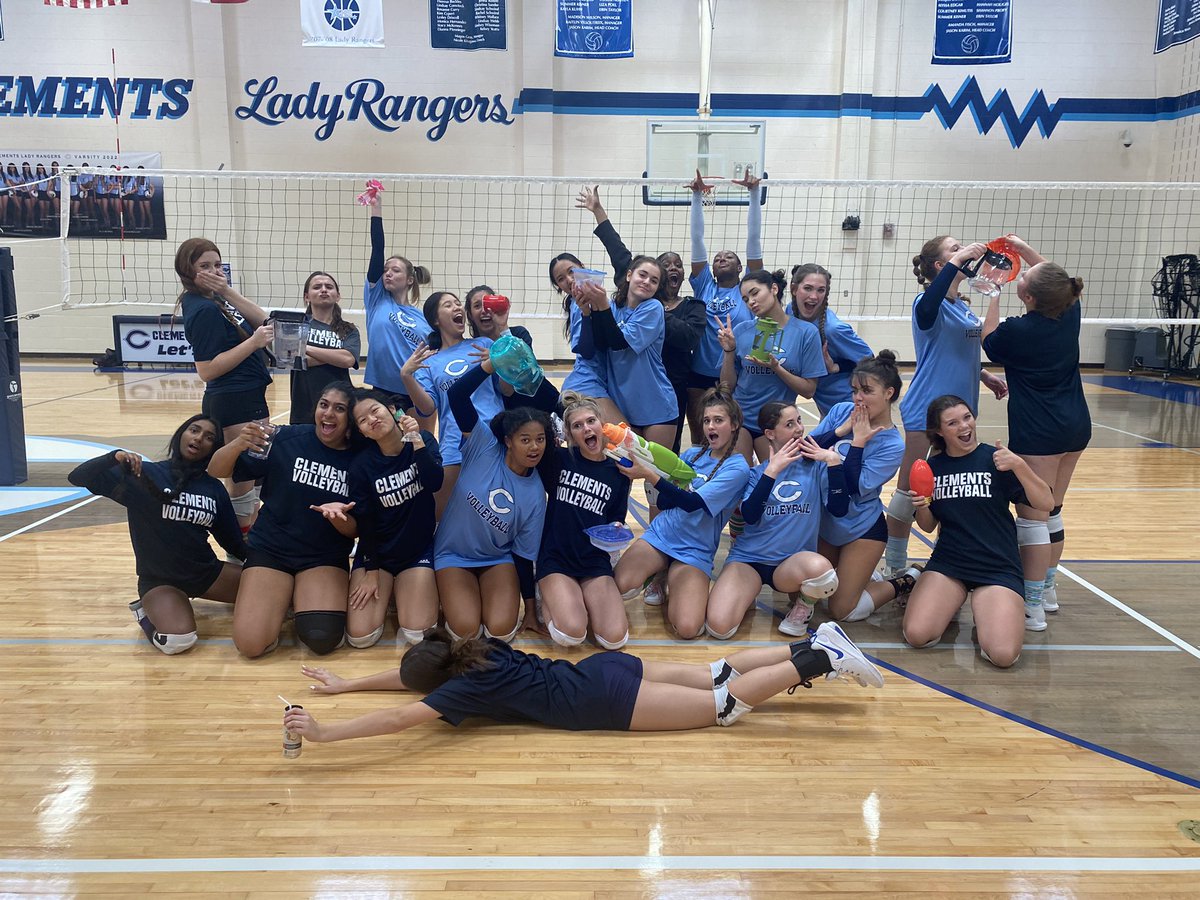Themed practice for JV &amp; Varsity today: anything but water bottle, crazy hair, crazy socks! 🤪 Soaking in every last day with these teams this season!! 💙🏐 #ClementsVolleyball #RangerPride