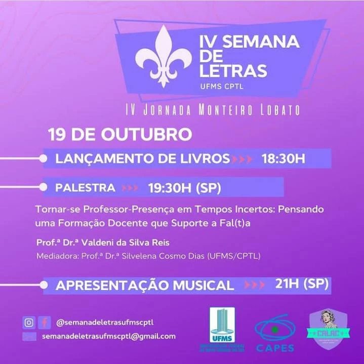 JornadasML's tweet photo. IV Jornada Monteiro Lobato, promovida pela FFLCH-USP, acontecerá neste ano em conjunto com a IV Semana de Letras do Campus de Três Lagoas da Universidade Federal do Mato Grosso do Sul de 19 a 21 de outubro de 2022.
Será fornecido certificado para ouvintes.
Link na bio. https://t.co/RT8acarIbl