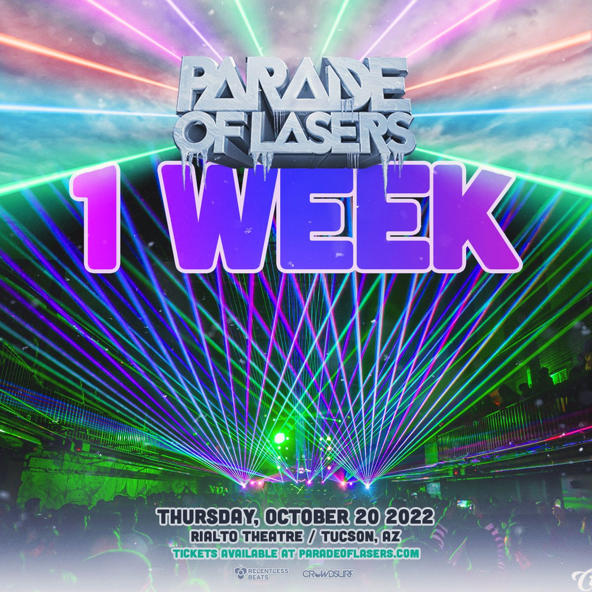ParadeOfLasers's tweet photo. Just 1 WEEK till we unload the lasers in Tucson! Are you ready?? 🤩 Get tickets ⇨ https://t.co/j5rQ19JL68 https://t.co/F0ESW3U9HC