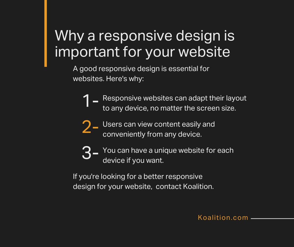 koalition's tweet photo. Happy Thursday 😁
Why a responsive design is important for your website.
A good responsive design is essential for websites. Here's why:
#webdesign #creative #business #entrepreneur #designer #smallbusiness #graphicdesign #branding #technology #graphicdesigner #designinspir ... https://t.co/8HDQ8Ftxmy