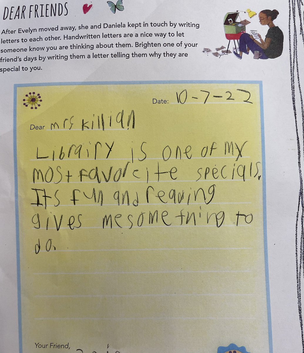 CoLIBRAtoRY's tweet photo. Cycle 5 class: #pyrca Book2-Evelyn Del Rey is Moving Away. After reading the story, students wrote friendly letters to help brighten☀️someone’s day. I got one too! @PSLA_News #librarylove 💗 #reading https://t.co/gyxLLYskaa